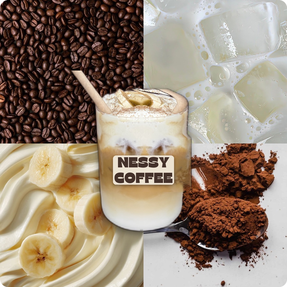 Latte banana bread glacé Nessy Coffee — café de spécialité, lait, banane et cacao