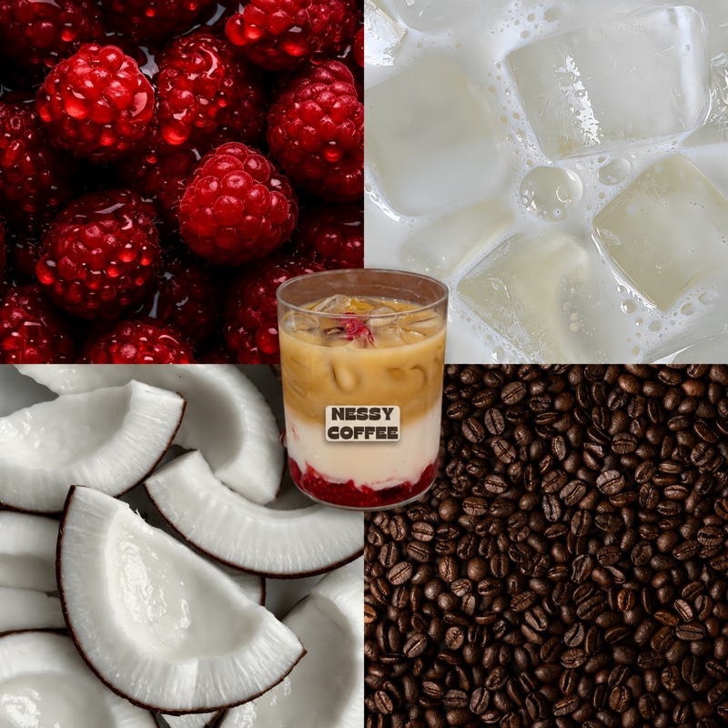 Latte coco framboise glacé Nessy Coffee — framboise, coco, lait glacé et café de spécialité